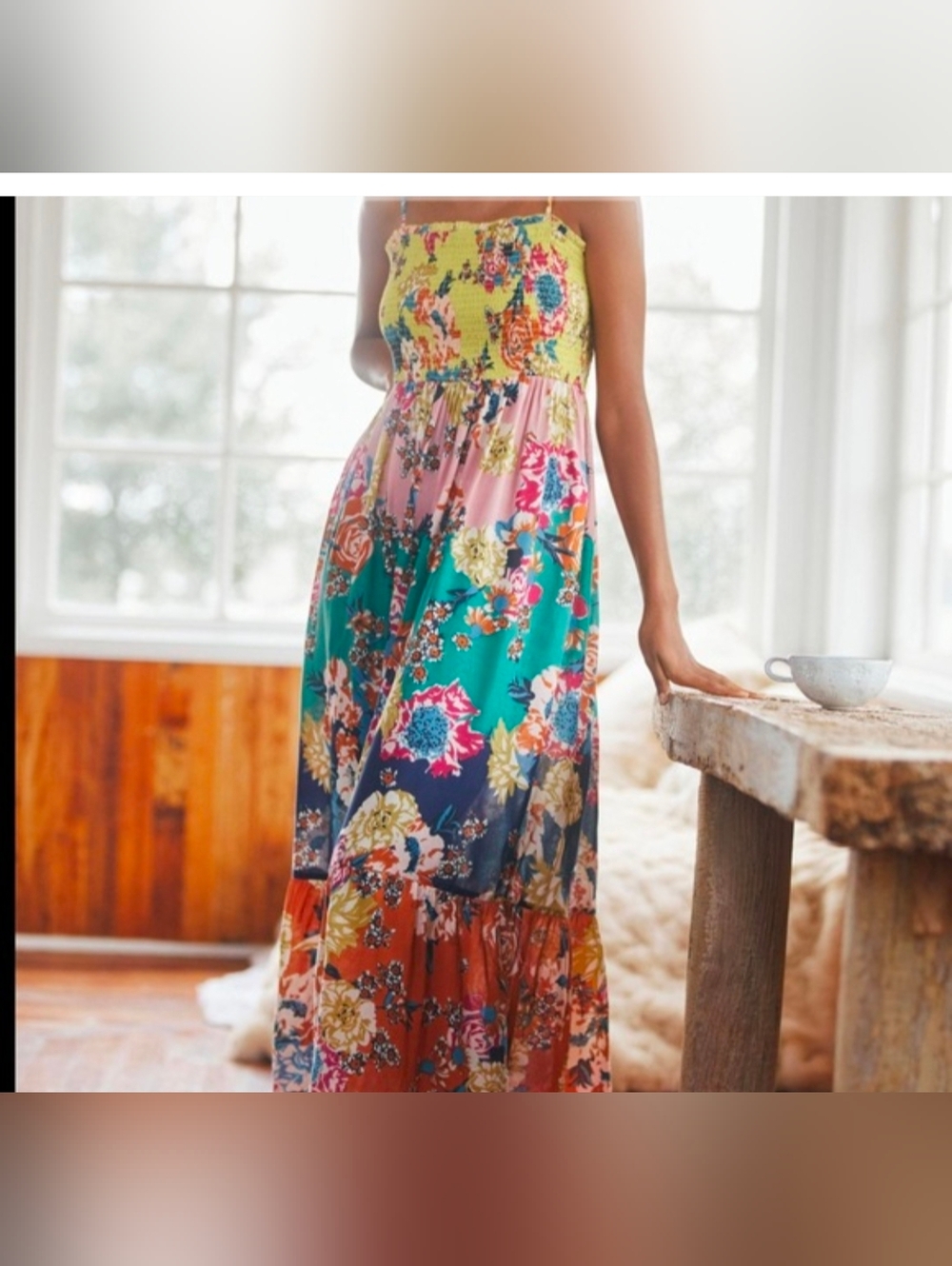 Anthropologie Smocked Maxi Dress Petite large spaghetti strap floral print red